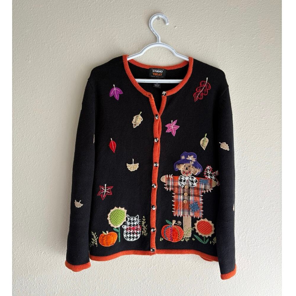 Studio Treat Halloween Fall Sweater cottage vintage granny pumpkin scarecrow y2k